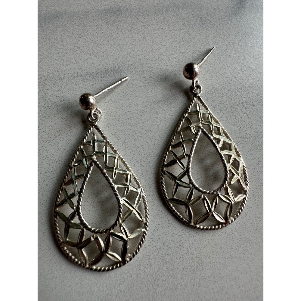 Sterling Silver 925 Openwork Lattice Teardrop Dangle Earrings 3.78g